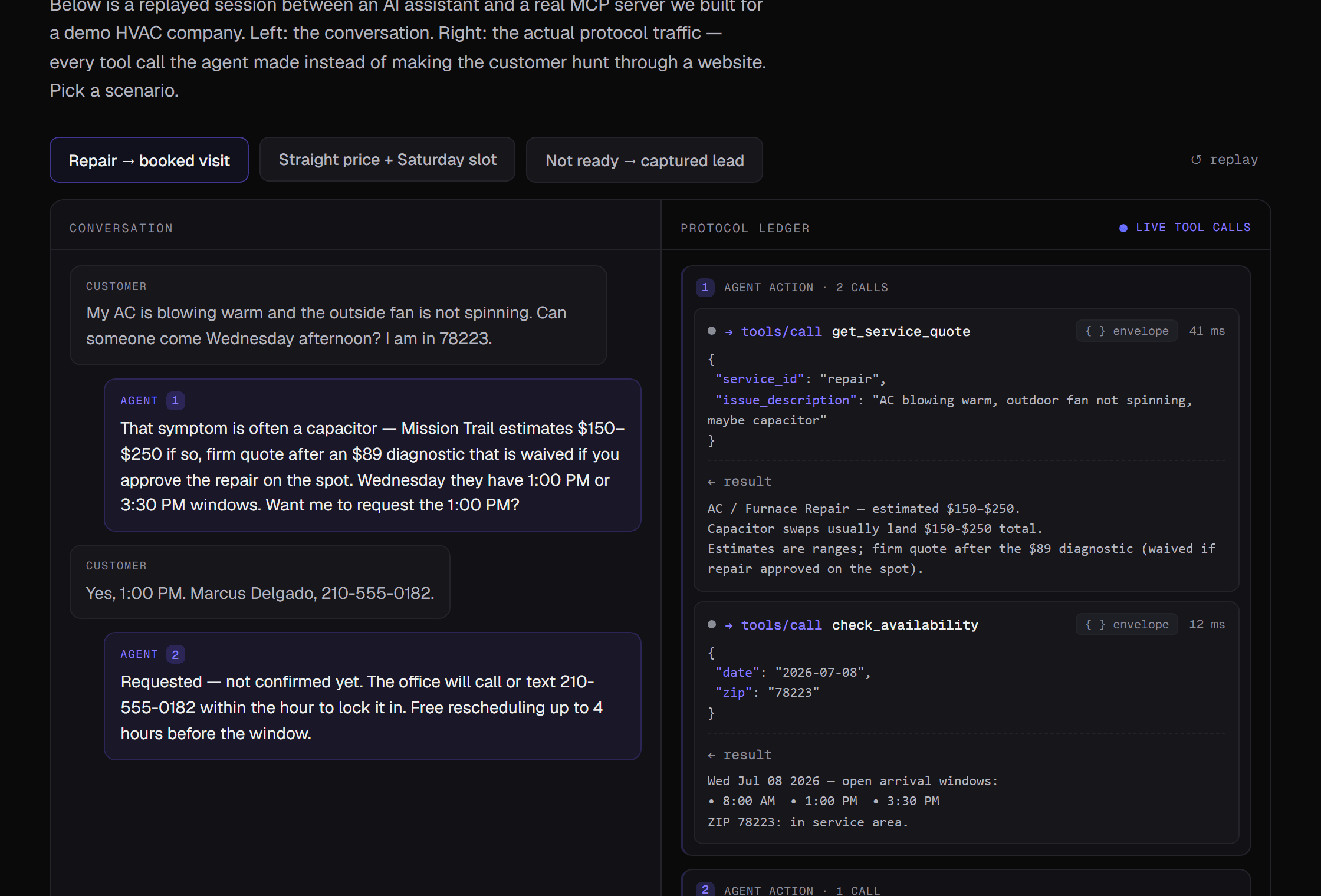 An AI agent quoting a repair and staging a booking through the Front Door MCP server
